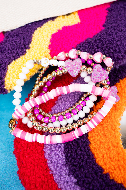 Pink XOXO Rubber Disk Beaded Bracelet Set