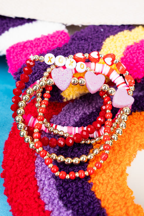 Red XOXO Rubber Disk Beaded Bracelet Set