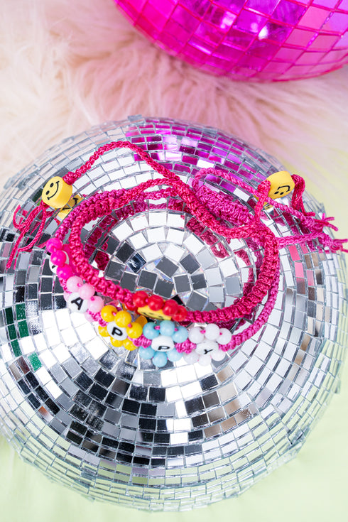 Smiling Happy Pink Cord Bracelet Set