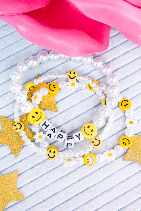 Tiled Letter 'Happy' Pearl Beaded Bracelet Set