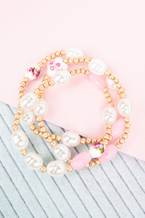 Pink Petal Promises Pearl & Goldtone Beaded Bracelet Set