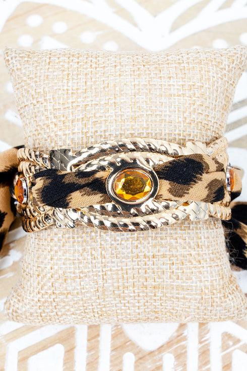 Crystal Drama Ready Leopard Scarf Goldtone Cuff Bracelet
