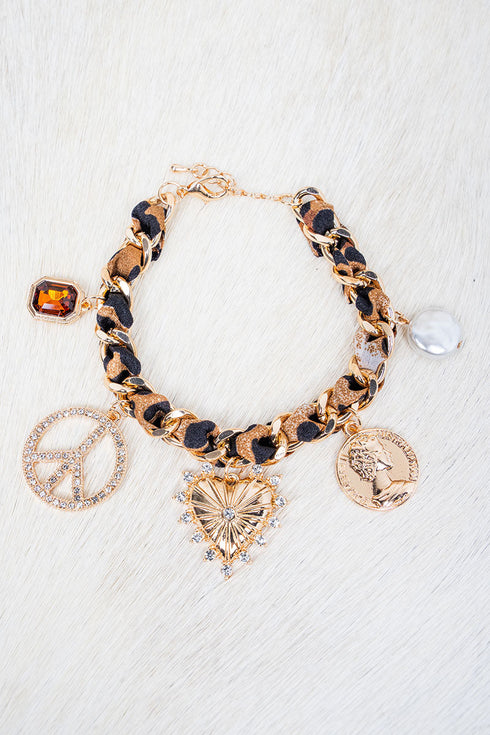 The Iconic Edit Leopard Fabric Chain Charm Bracelet
