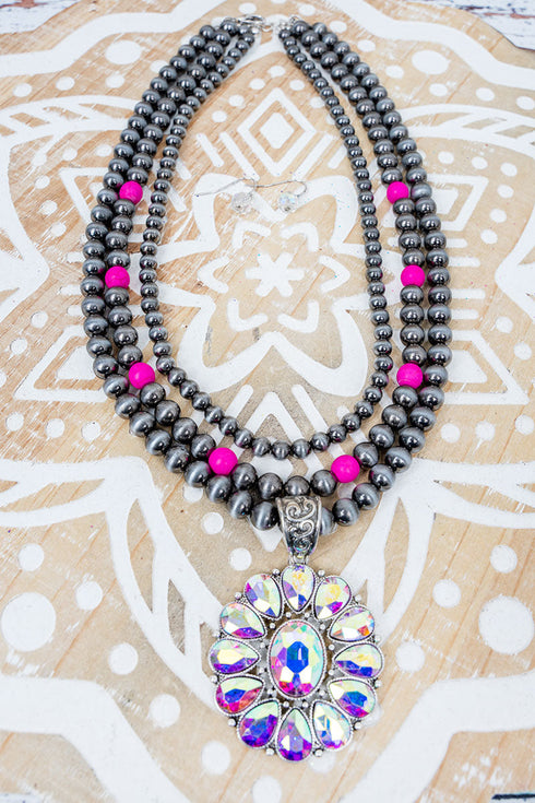 Grit & Glam Silver Pearl and Fuchsia Necklace and Earring Set
