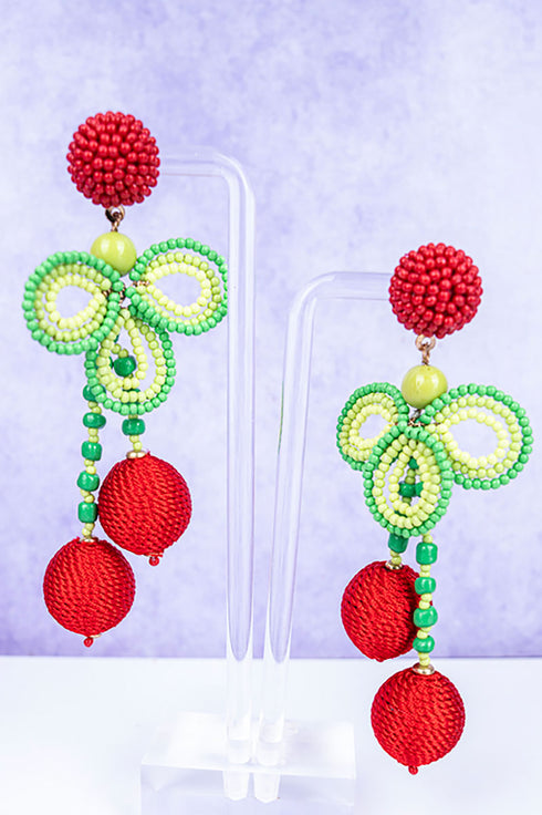 Seed Bead And Woven Cherry Earrings