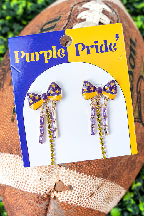Cheer Your Team Purple Bow Sparkle Earrings