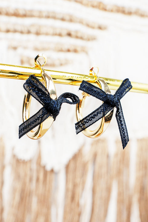Goldtone Black Ribbon Reverie Hoop Earrings
