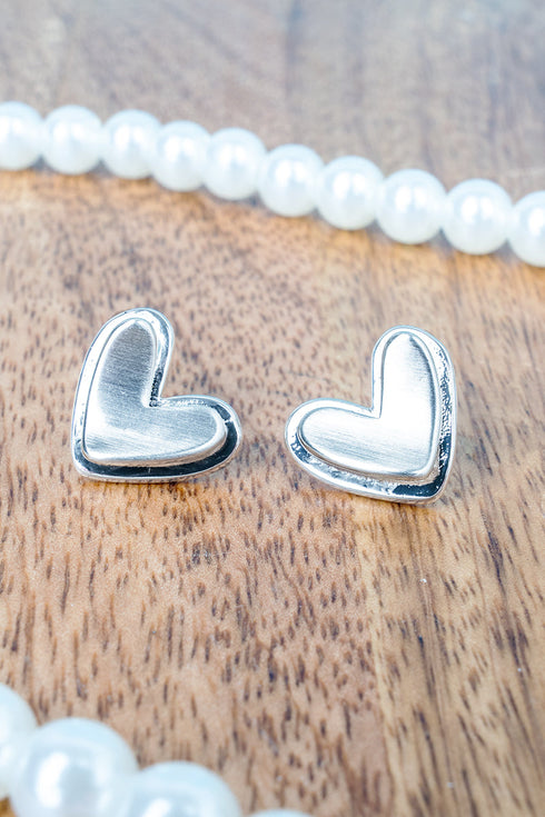 Evening Whispers Brushed Silvertone Heart Earrings