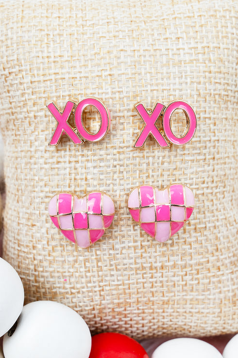 Pink Hearts & Kisses Earrings 2 Pair Set