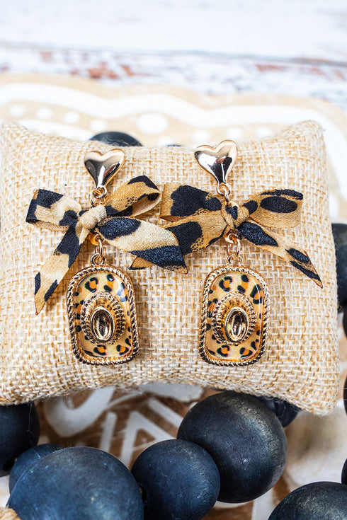 Lila Leopard Cowgirl Hat Goldtone Earrings