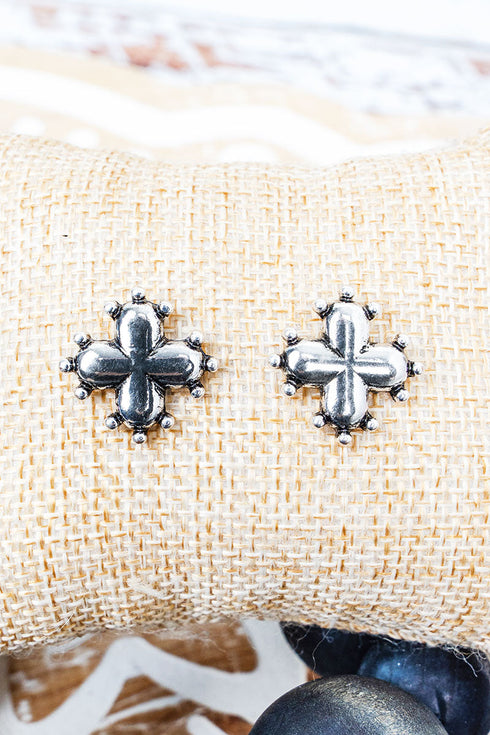 Silvertone Studded Square Cross Earrings