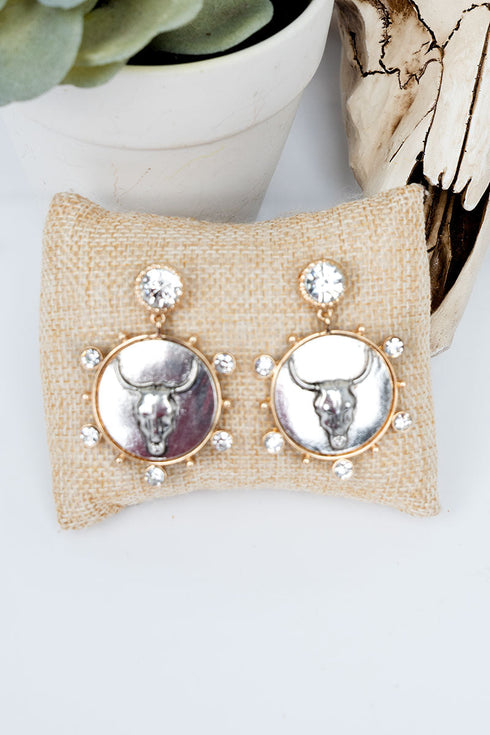Rhinestone Rodeo Reign Two-Tone Steer Earrings