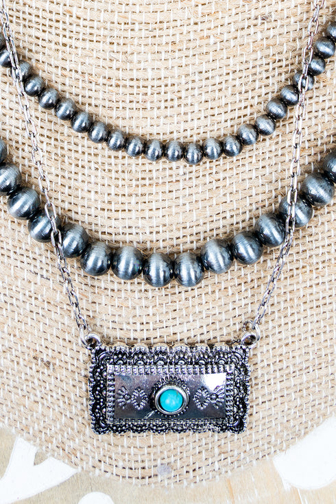 Turquoise Coyote Mesa Silver Pearl Layered Necklace
