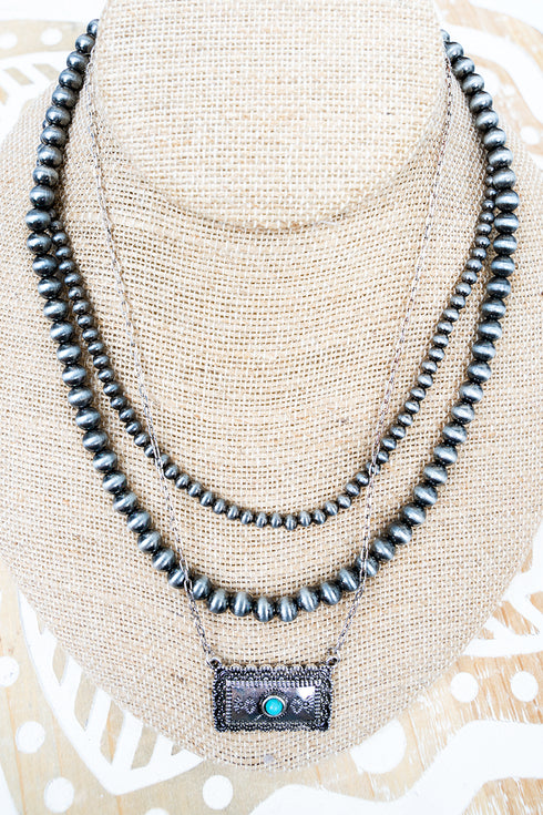 Turquoise Coyote Mesa Silver Pearl Layered Necklace