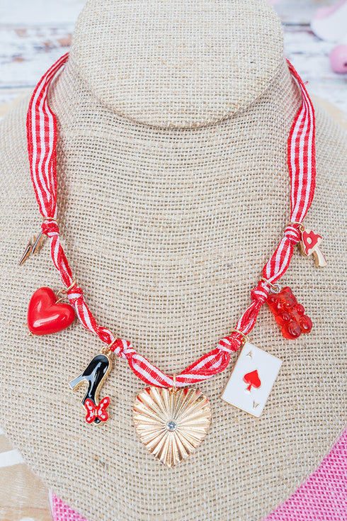 Heartbreaker Chic Red Check Fabric Charm Necklace