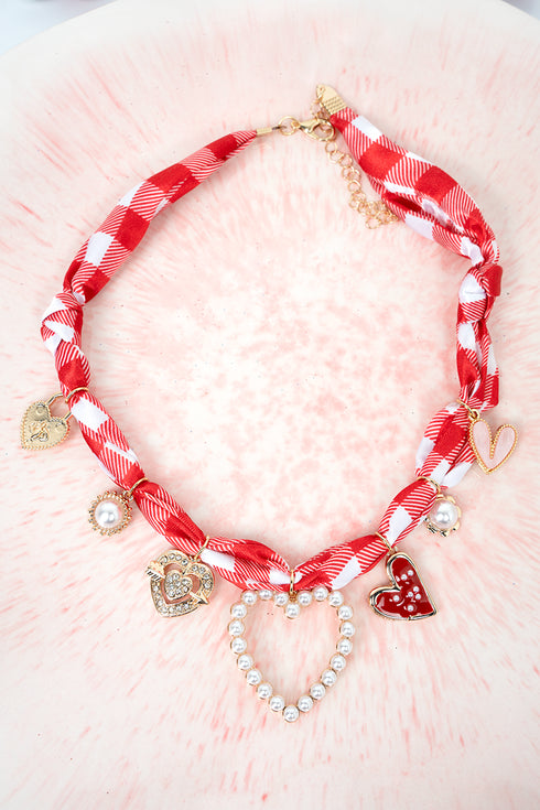 Sweetheart Spark Red Check Fabric Charm Necklace
