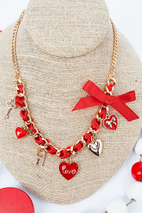 Valentine Vibes Red Ribboned Chain Charm Necklace
