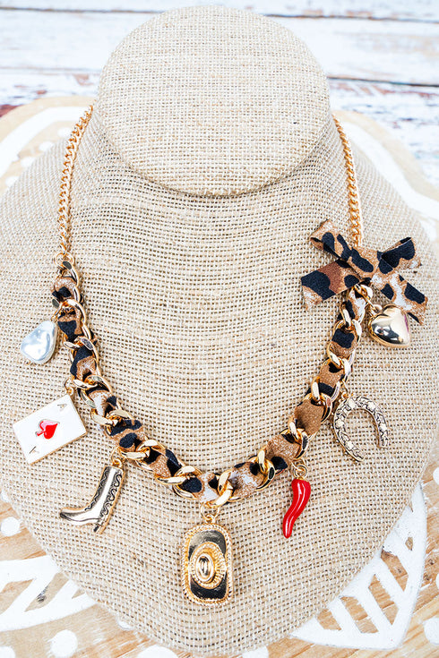 Cowgirl Spice Leopard Ribboned Chain Charm Necklace