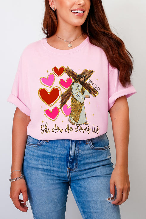 He Loves Us Hearts Comfort Colors Adult Ring-Spun Cotton Tee