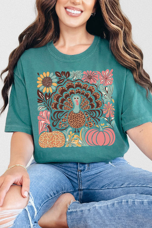 Fall Floral Turkey Comfort Colors Adult Ring-Spun Cotton Tee