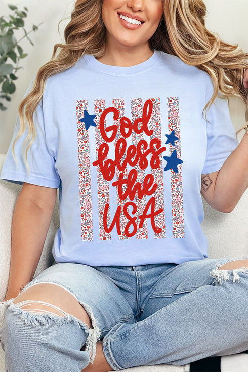 Floral God Bless The USA Comfort Colors Adult Ring-Spun Cotton Tee