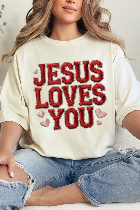 Faux Embroidery Jesus Loves You Comfort Colors Adult Ring-Spun Cotton Tee