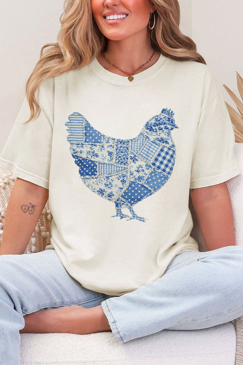 Faux Patchwork Blue Chicken Comfort Colors Adult Ring-Spun Cotton Tee