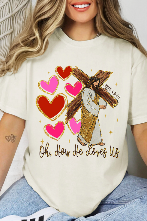 He Loves Us Hearts Comfort Colors Adult Ring-Spun Cotton Tee