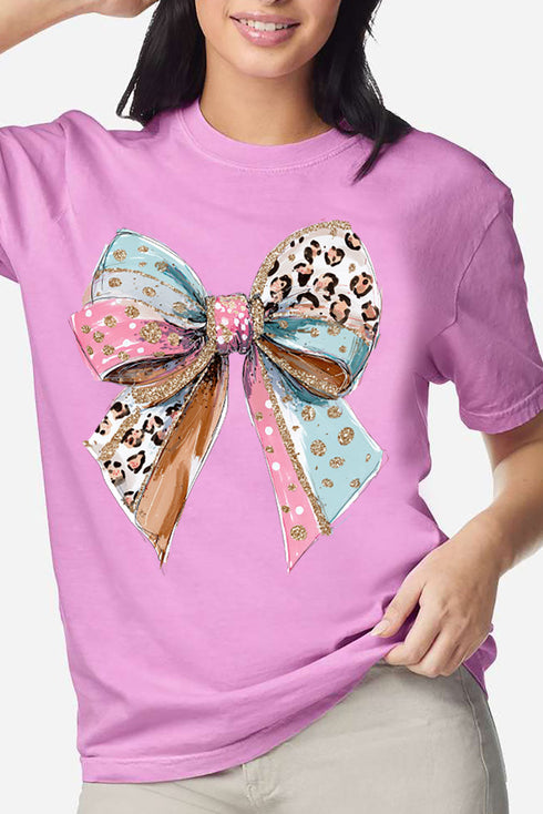 Pastel Leopard Bow Comfort Colors Adult Ring-Spun Cotton Tee