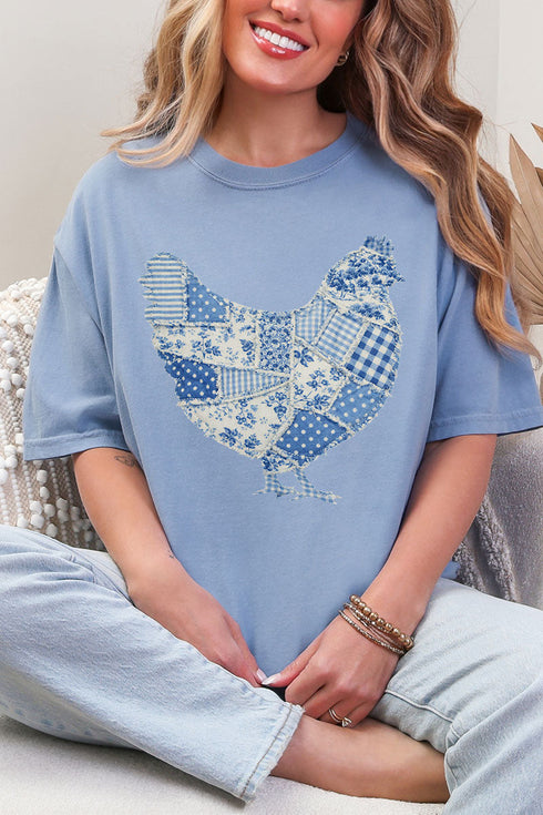 Faux Patchwork Blue Chicken Comfort Colors Adult Ring-Spun Cotton Tee