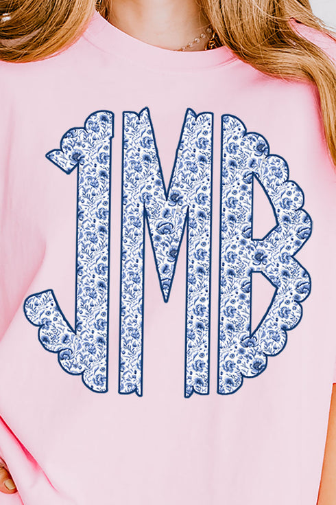 Blue Chinoiserie 3 Letter Monogram Comfort Colors Adult Ring-Spun Cotton Tee