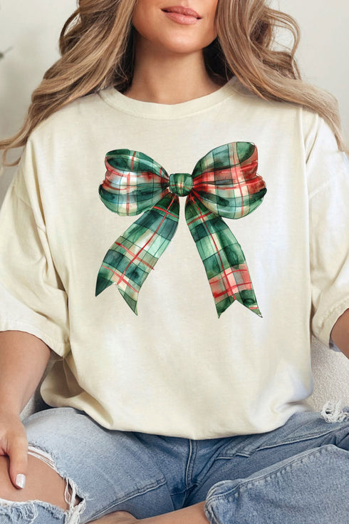 Christmas Plaid Coquette Bow Comfort Colors Adult Ring-Spun Cotton Tee
