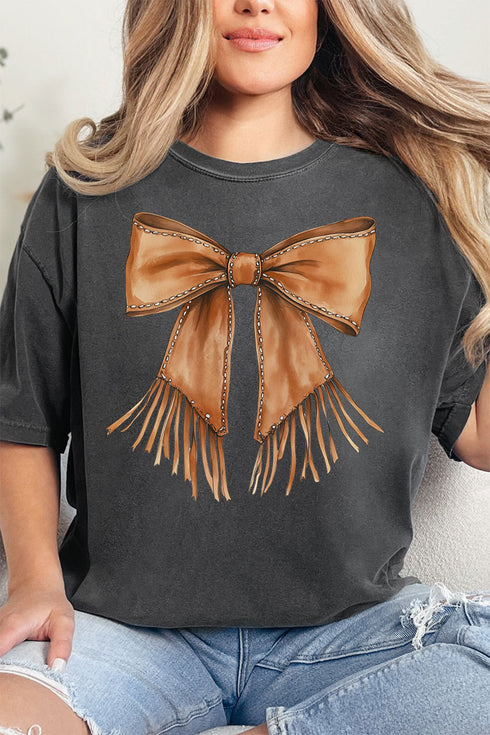 Faux Leather Fringe Bow Comfort Colors Adult Ring-Spun Cotton Tee