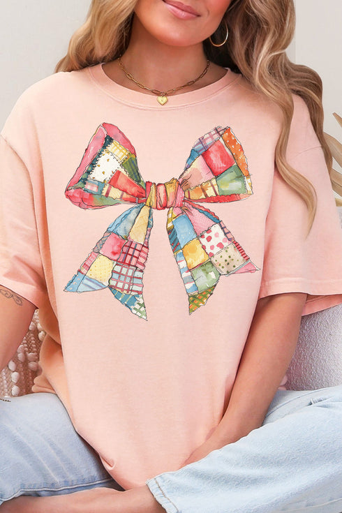 Faux Patchwork Quilt Stripe Bow Comfort Colors Adult Ring-Spun Cotton Tee