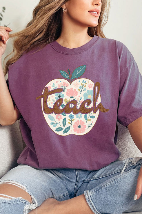 Floral Apple Teach Comfort Colors Adult Ring-Spun Cotton Tee