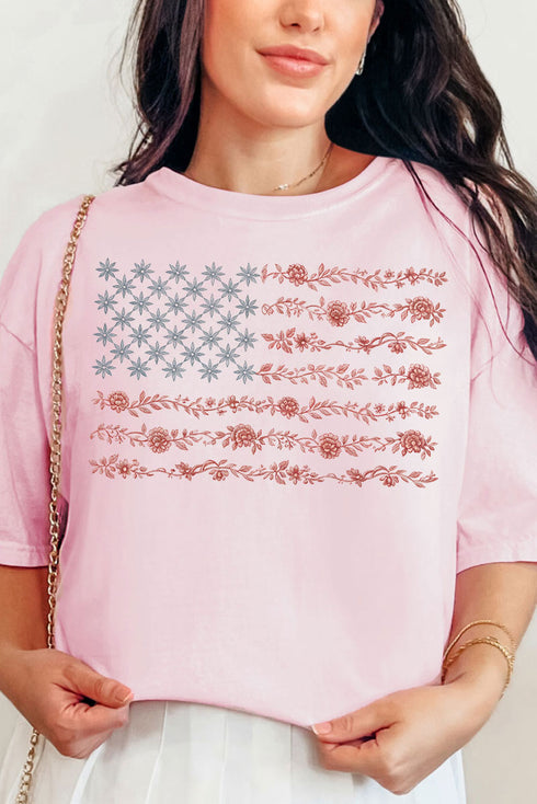 Floral United States Flag Comfort Colors Adult Ring-Spun Cotton Tee
