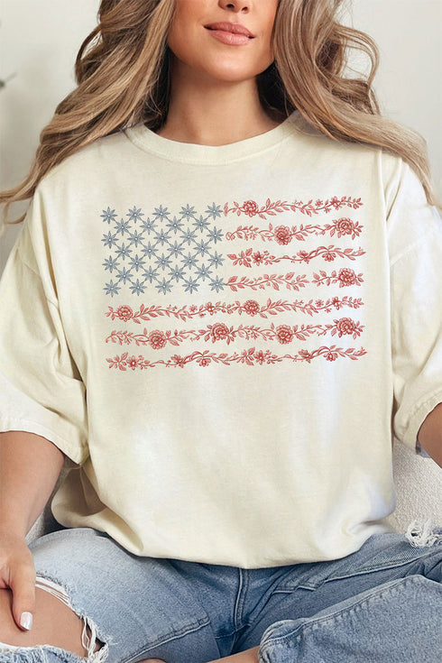 Floral United States Flag Comfort Colors Adult Ring-Spun Cotton Tee