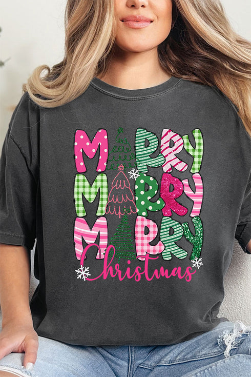Green And Pink Merry Christmas Comfort Colors Adult Ring-Spun Cotton Tee