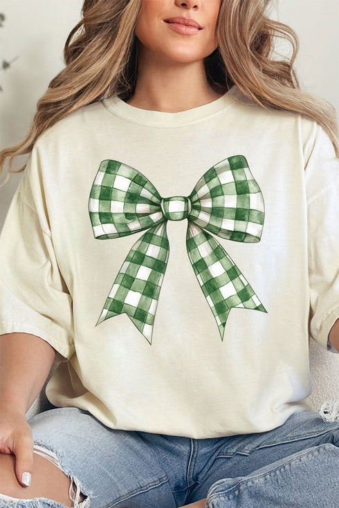 Green Gingham Bow Comfort Colors Adult Ring-Spun Cotton Tee