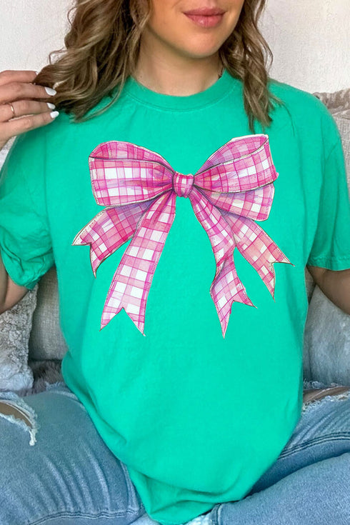 Hot Pink Gingham Bow Comfort Colors Adult Ring-Spun Cotton Tee