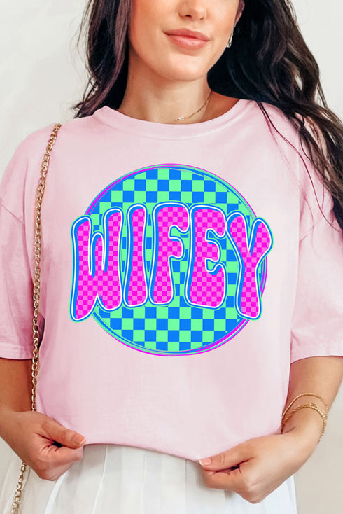 Neon Checkered Wifey Comfort Colors Adult Ring-Spun Cotton Tee