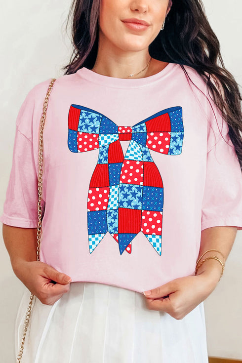 Patchwork Patriotic Bow Comfort Colors Adult Ring-Spun Cotton Tee