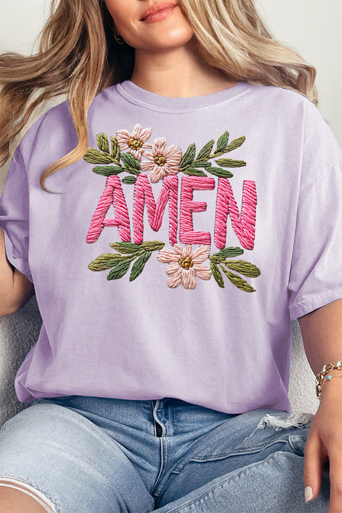Pink Amen Faux Embroidery Comfort Colors Adult Ring-Spun Cotton Tee