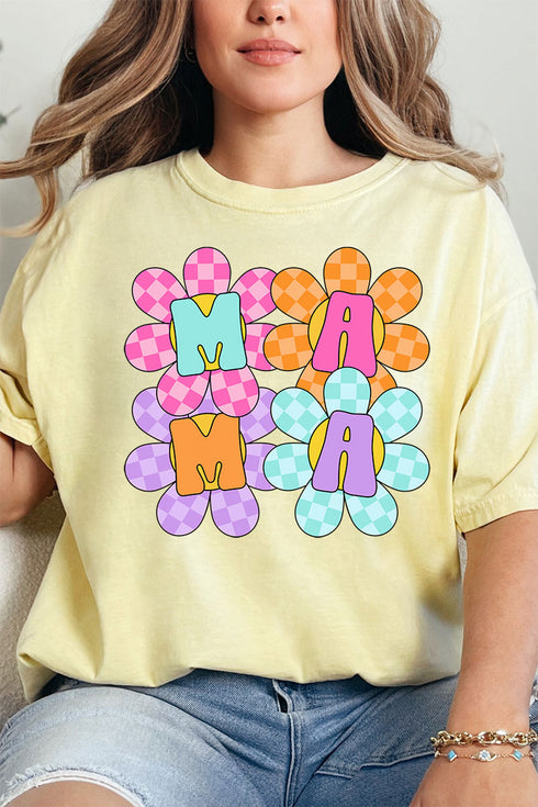 Retro Floral Checkered Mama Comfort Colors Adult Ring-Spun Cotton Tee