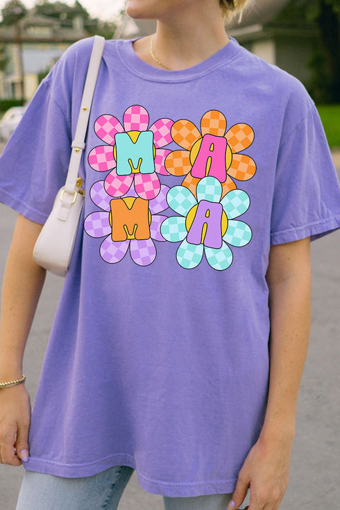 Retro Floral Checkered Mama Comfort Colors Adult Ring-Spun Cotton Tee