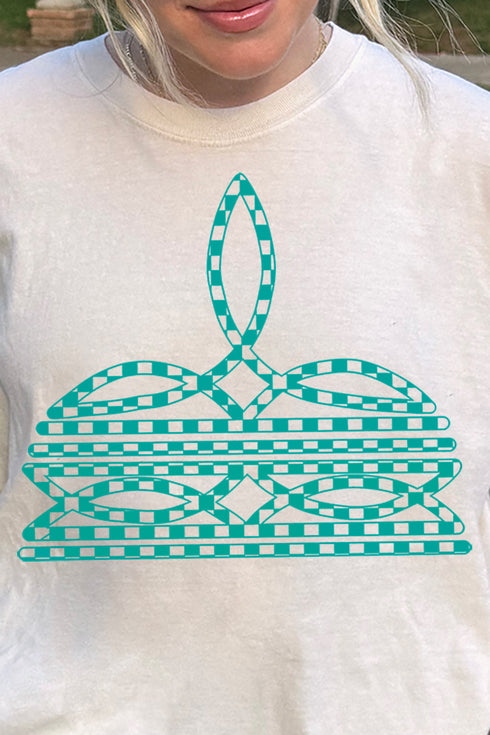 Turquoise Checkered Boot Stitch Comfort Colors Adult Ring-Spun Cotton Tee