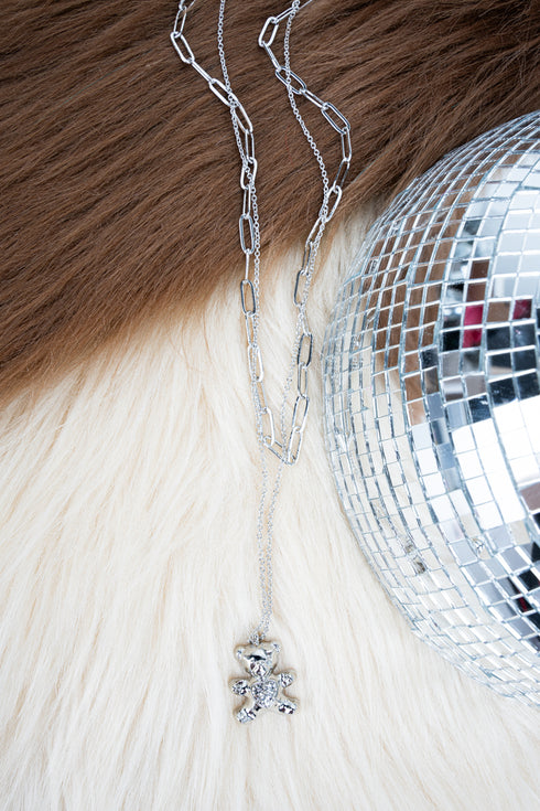 Bear Hug Crystal Silvertone Double Necklace
