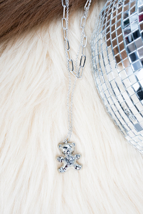 Bear Hug Crystal Silvertone Double Necklace