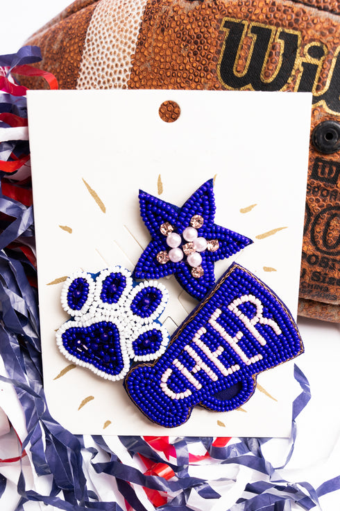 Seed Bead Blue and White Gameday Cheer Hat Pins