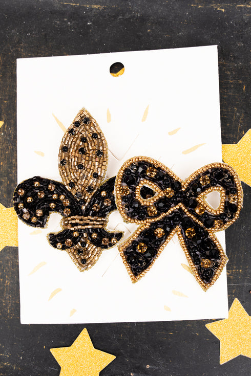 Saints Fleur de Lis & Bow Seed Bead Pin Set